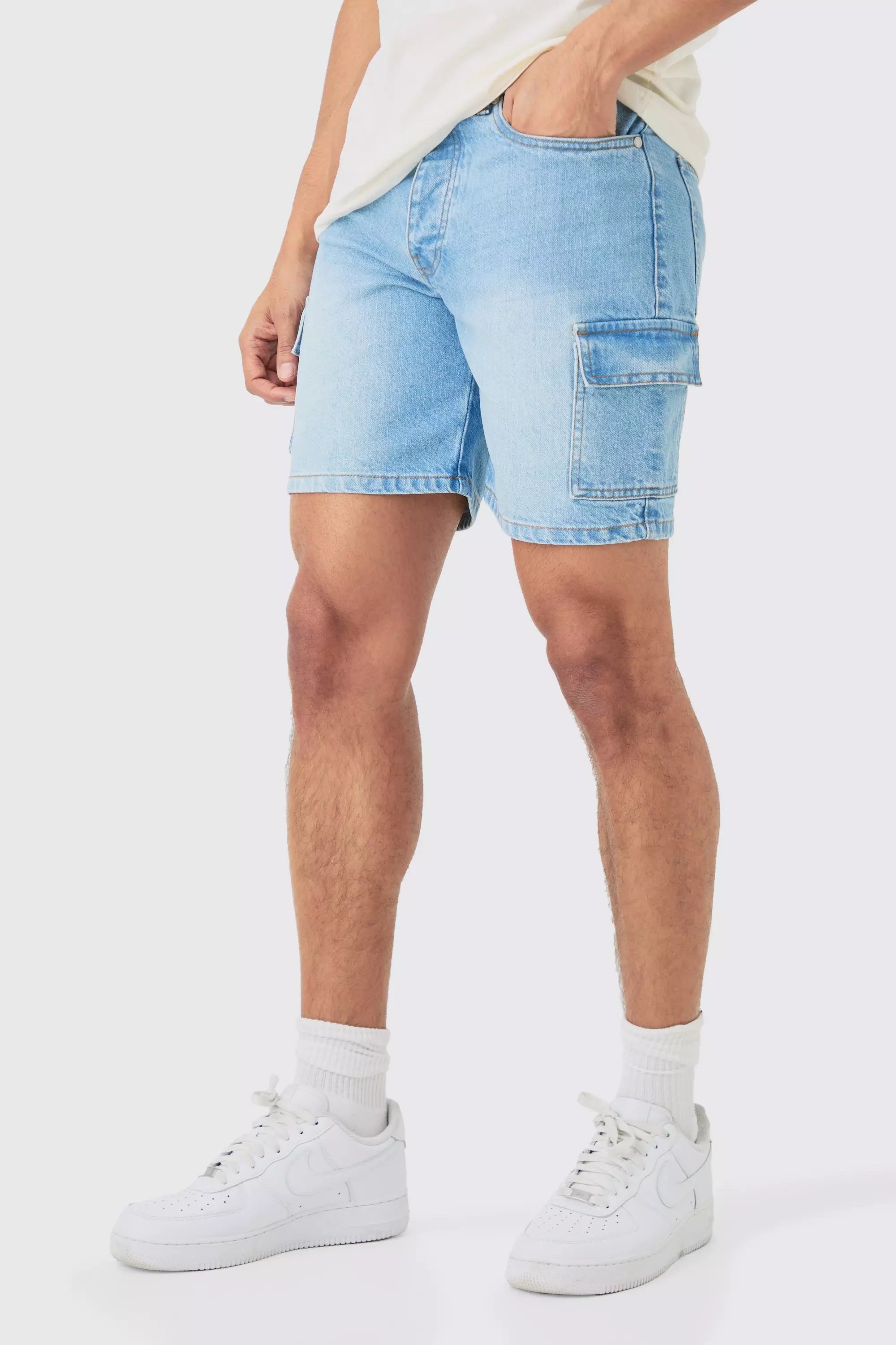 Bright blue denim shorts deals